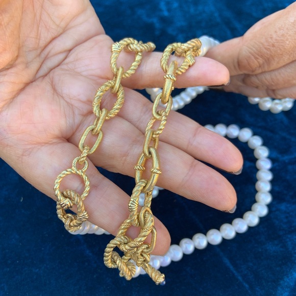 Gorgeous Judith Ripka Gold Vermeil Link Chain Pearl Strand w/Sapphire Cabochons - Picture 10 of 12